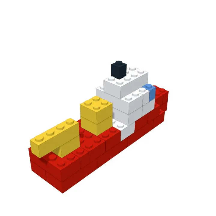 A red brick-built icebreaker ship with a white bridge and a yellow crane