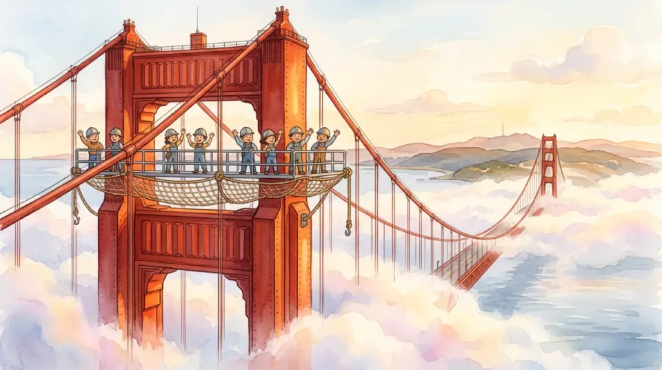 Watercolor of Golden Gate Bridge workers waving from a tower above a safety net