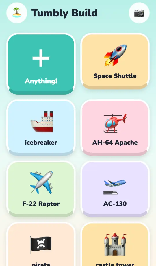 The Tumbly Build workshop: a plus button for anything, and ready-made builds like a Space Shuttle and an icebreaker