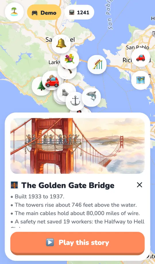 The Golden Gate Bridge story card with a watercolor picture and three facts