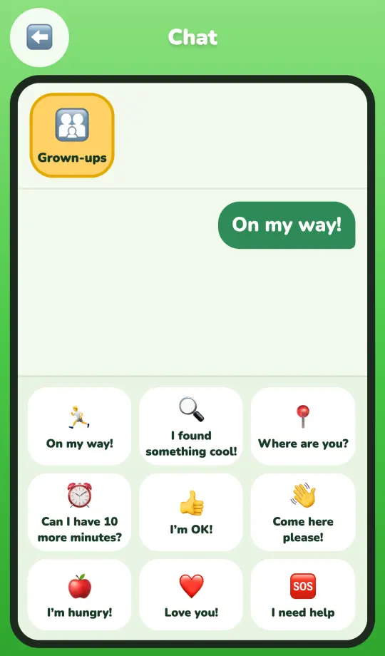 Family chat with picture bubbles: On my way, I found something cool, Where are you