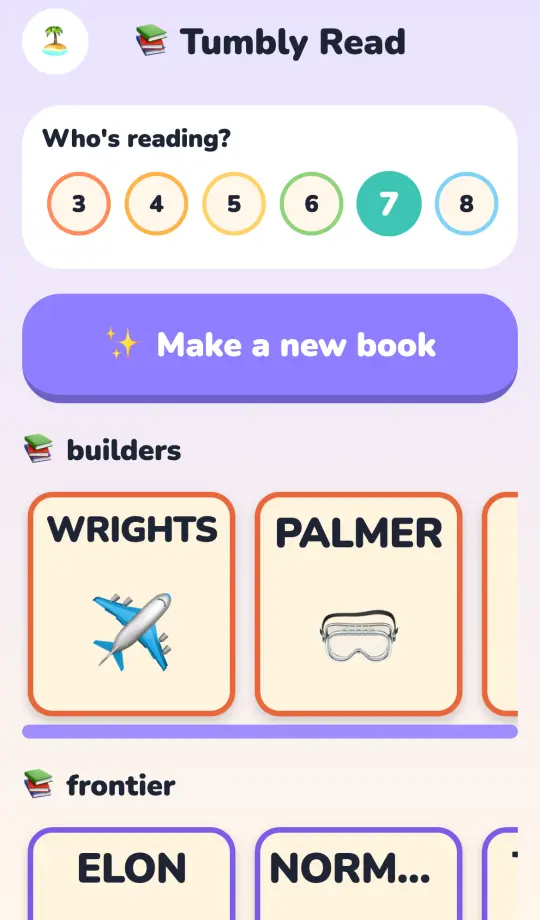 The Tumbly Read library: pick who's reading by age, then shelves of hero books