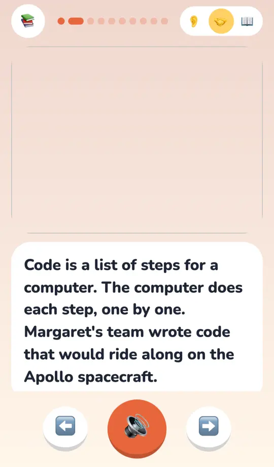 An illustrated page: Margaret Hamilton's team writing code for the Apollo spacecraft