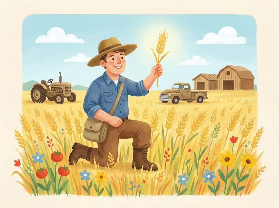 Norman Borlaug kneels in a golden wheat field and holds one stalk up to the sunlight.