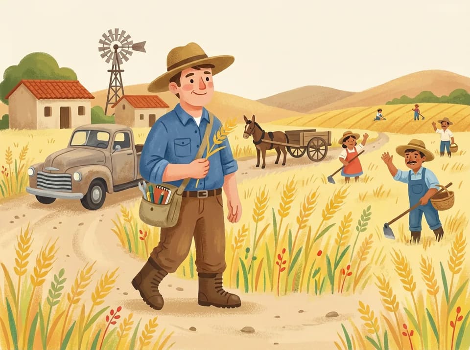 Norman Borlaug steps off a dusty road beside a field in Mexico, carrying a bag of tools and notebooks.