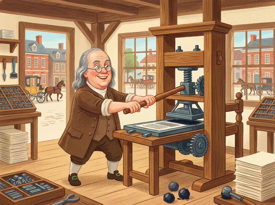 Young Benjamin Franklin, sleeves rolled up, pulls the big handle of a wooden printing press in his own shop in Philadelphia.