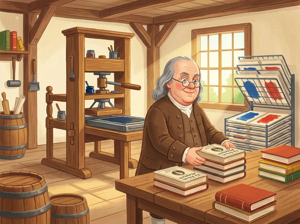 Ben stacks freshly printed copies of Poor Richard's Almanack on a table as ink dries on the pages.