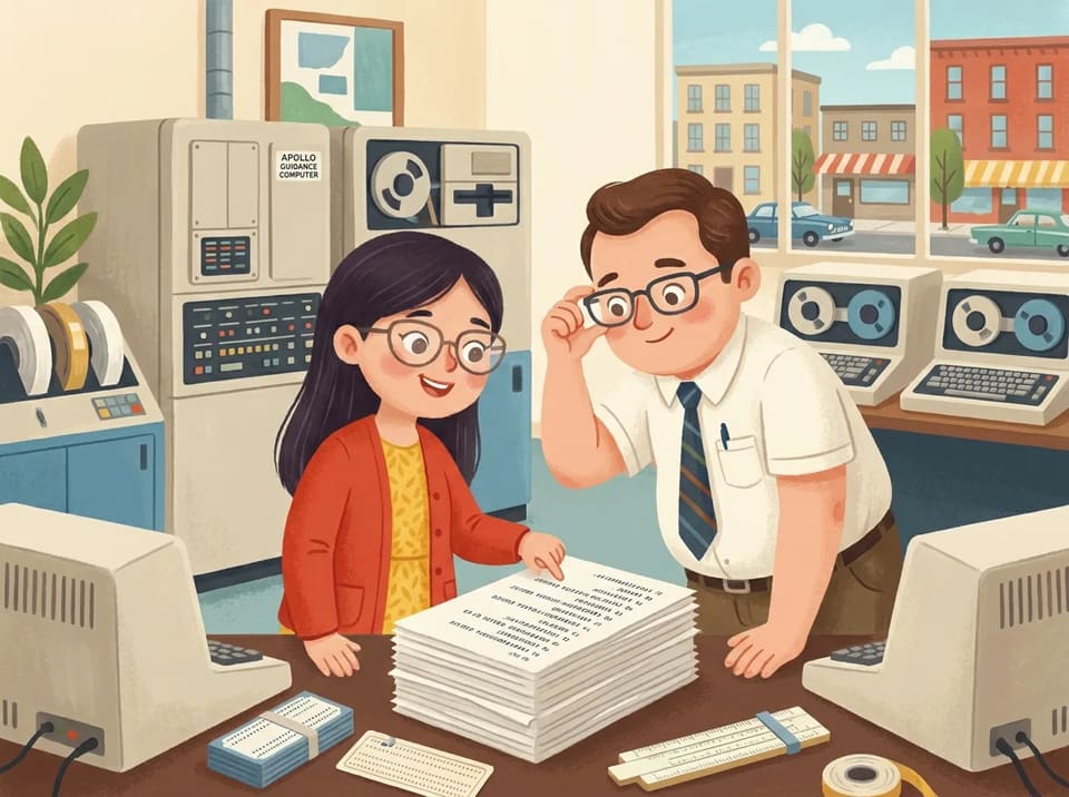 Margaret points to a line of code on a page while a teammate leans in to look.