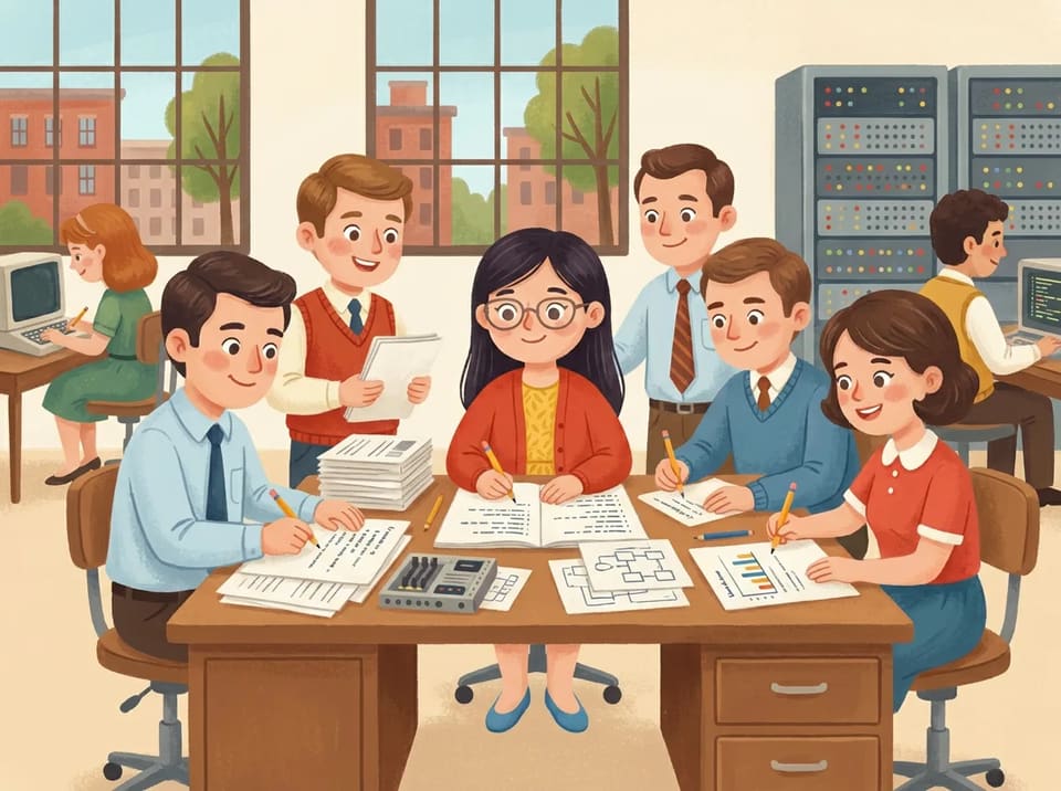 Margaret Hamilton sits at a desk at MIT with her team around her, pencils moving across pages of code.