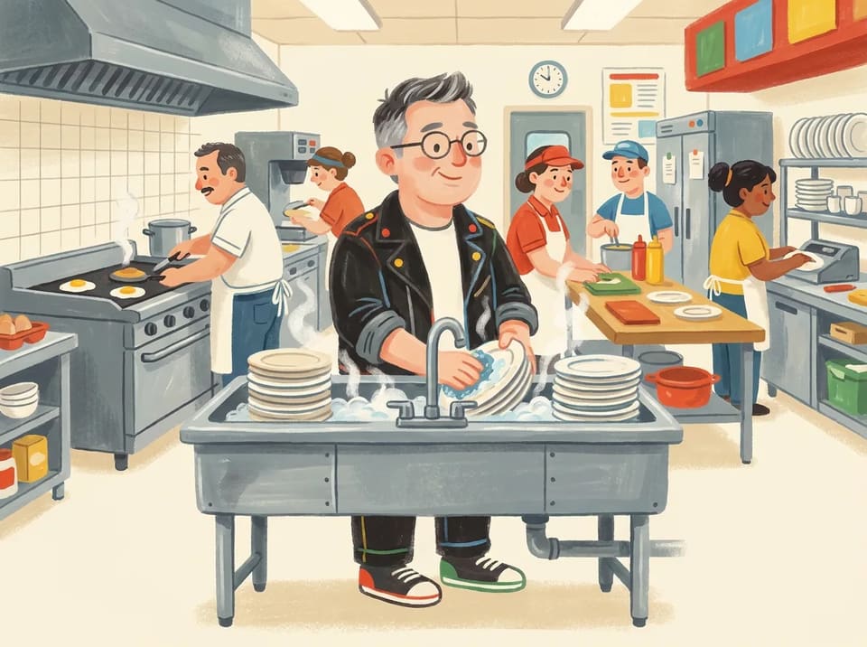 A teenage Jensen Huang stands at a big steel sink in a busy Denny's kitchen, sleeves rolled up, scrubbing a tall stack of plates as steam rises.