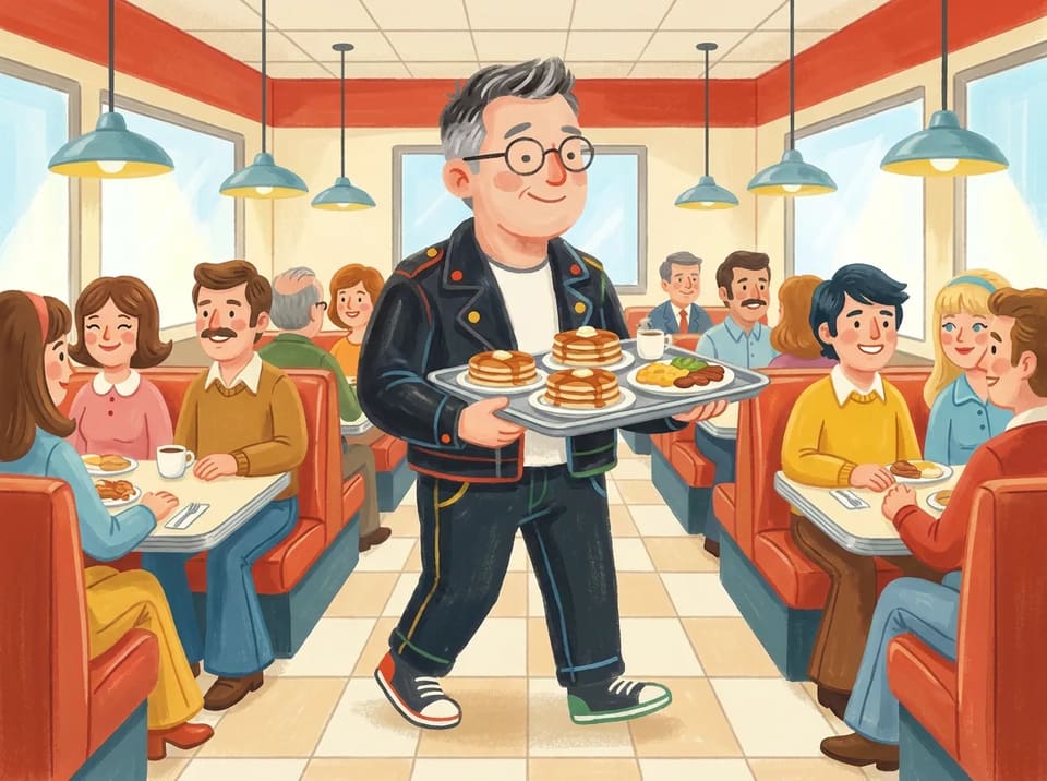Jensen carries a tray of plates across a bright Denny's dining room, weaving between booths full of smiling customers.