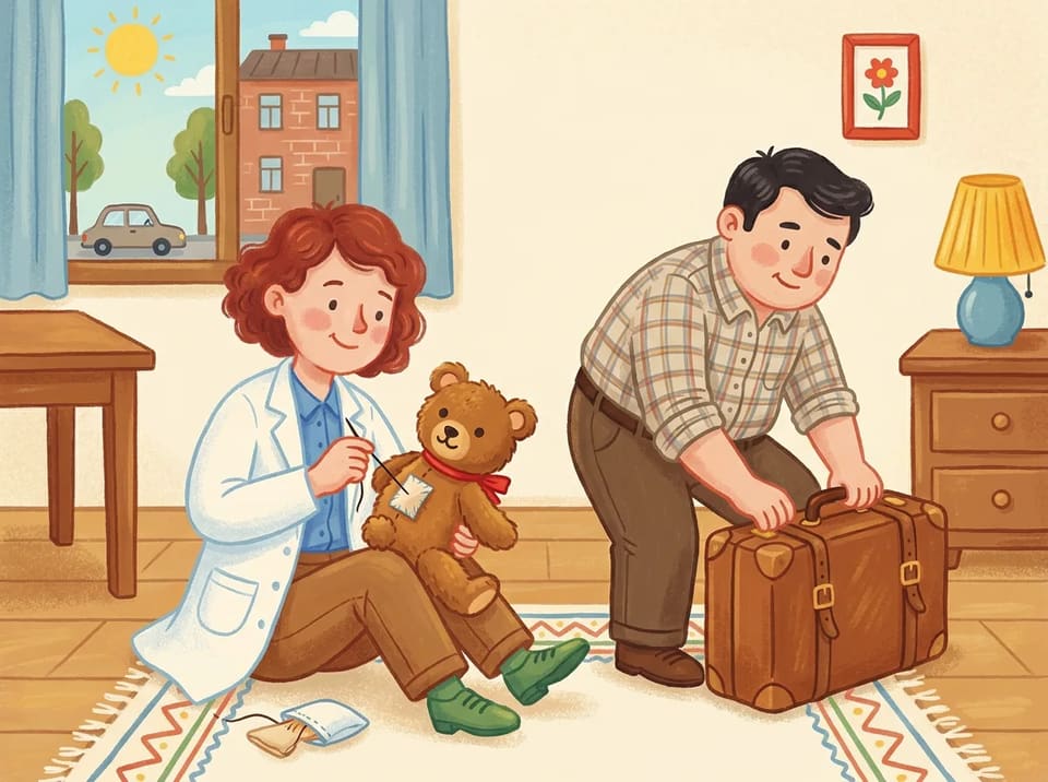 Katalin Kariko carefully sews a small packet of money inside her young daughter's teddy bear while her husband packs a suitcase.