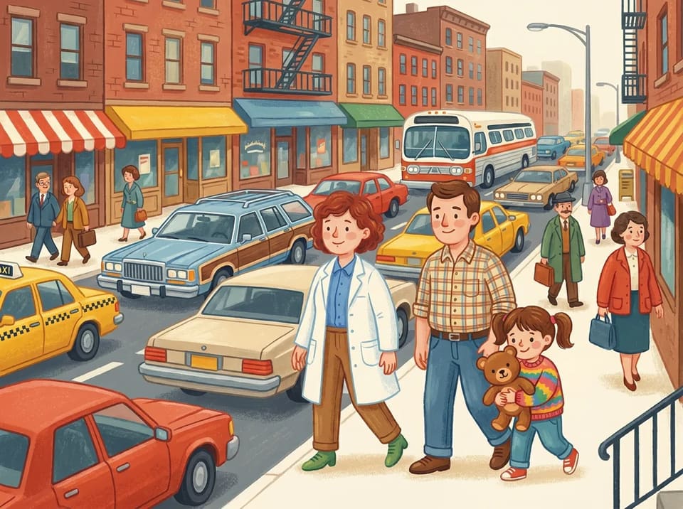 Katalin, her husband, and her daughter hugging the teddy bear step into a busy American city street.