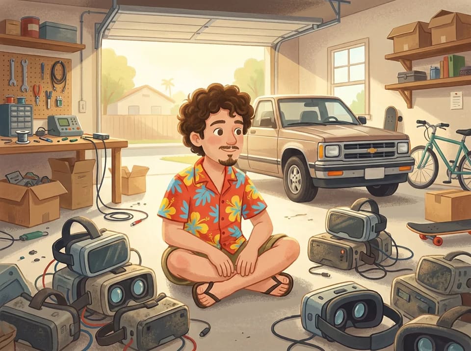 A teenage Palmer Luckey sits on the floor of a sunny Long Beach garage, surrounded by a pile of old, dusty virtual reality headsets.