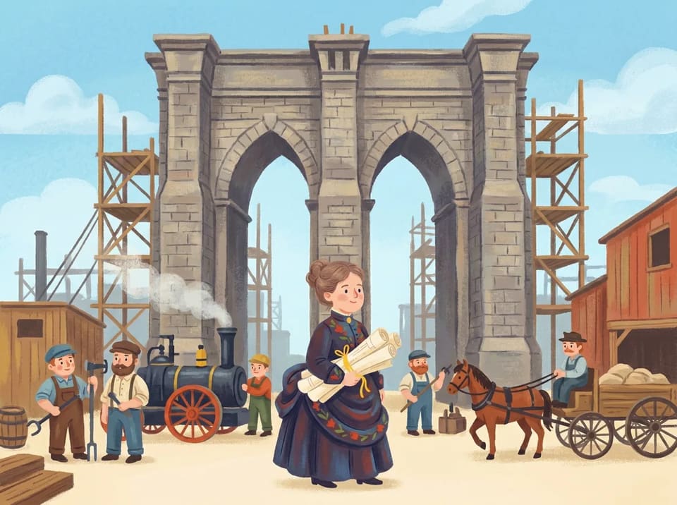 Washington Roebling stands at the bridge site holding his father's rolled-up plans, with workers and stone towers behind him.