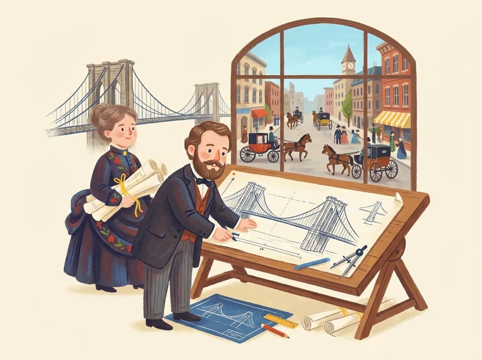 John A. Roebling bends over a big table covered in drawings of a tall stone bridge with long cables.