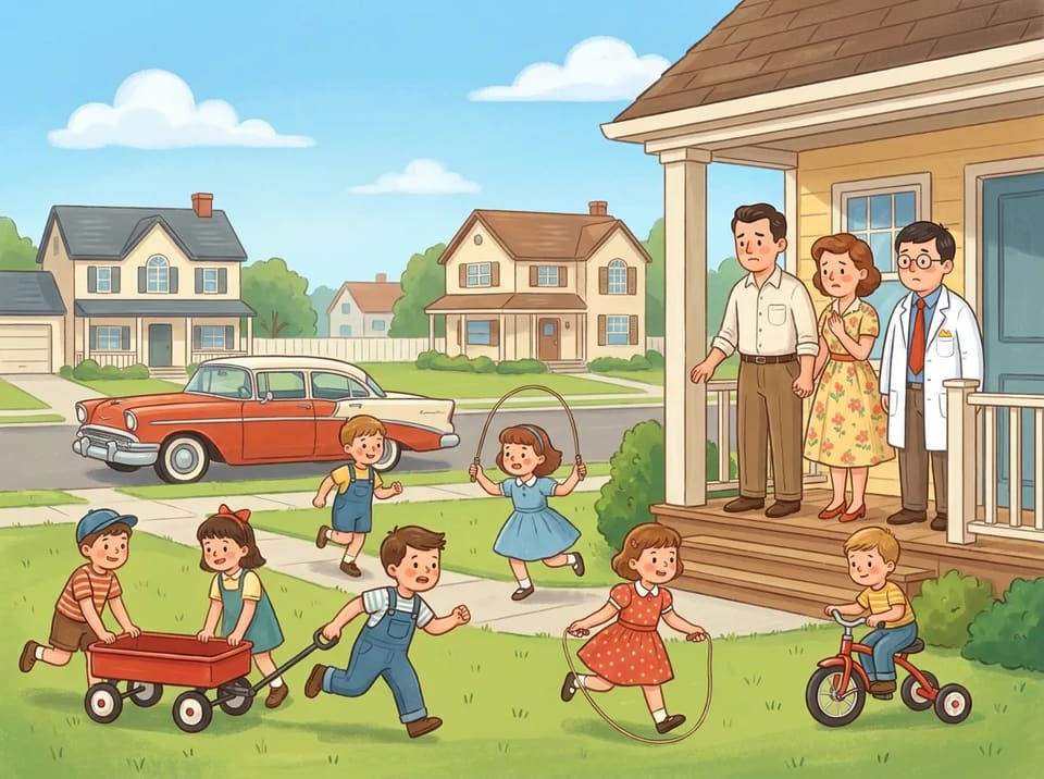 Children play outside on a sunny summer day while worried parents watch from a porch.