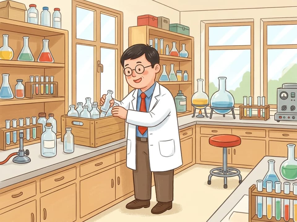 Jonas Salk in a white lab coat unpacks glass bottles and tubes in a new, bright laboratory full of shelves.