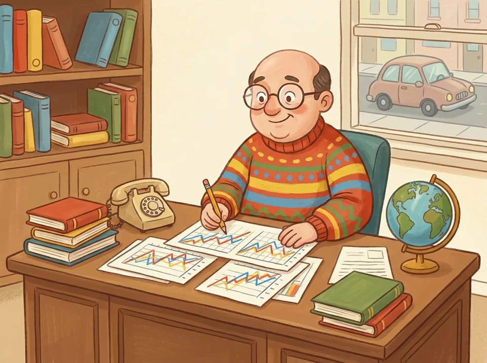 Julian Simon sits at a desk covered in charts and graphs, pencil in hand, studying lines that go up and down.