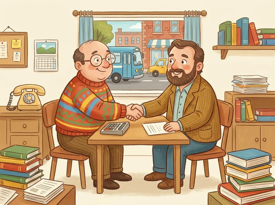 Julian Simon and Paul Ehrlich face each other and shake hands across a table.