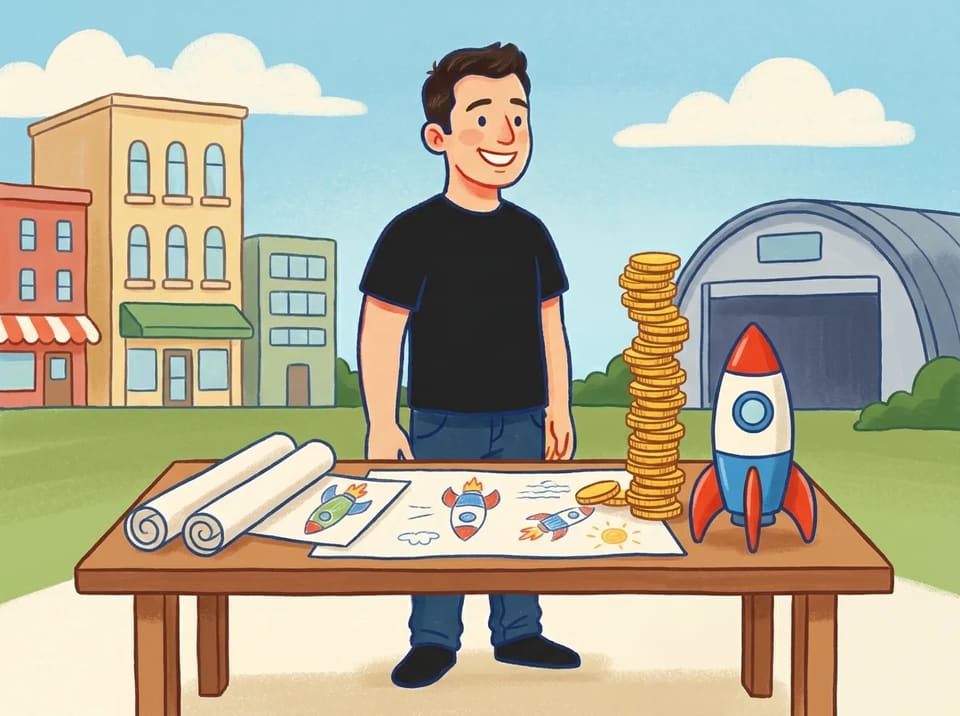Elon Musk at a table covered in rocket drawings, with a tall stack of coins piled beside a toy rocket.