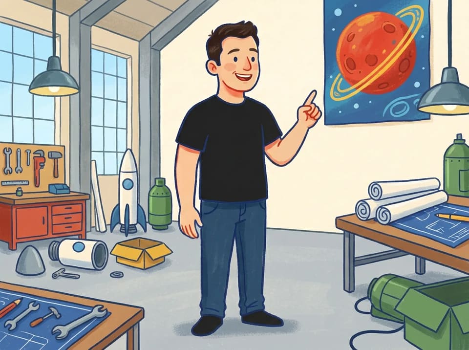 Elon Musk stands in a big, empty workshop, pointing up at a poster of the red planet Mars.