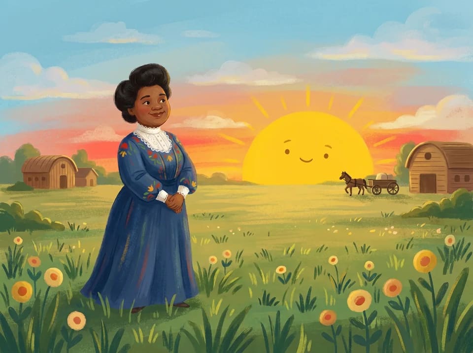 Young Sarah stands in an open field, looking toward the wide horizon with the sun rising behind her.