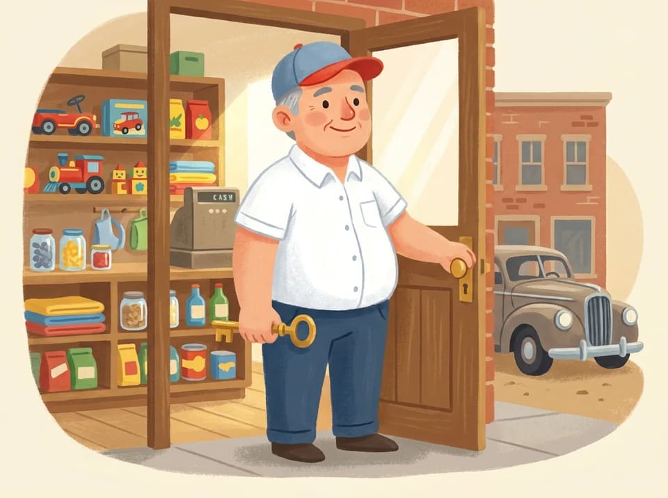Young Sam Walton stands in the doorway of a small variety store in Newport, Arkansas, holding a key and smiling at the shelves inside.