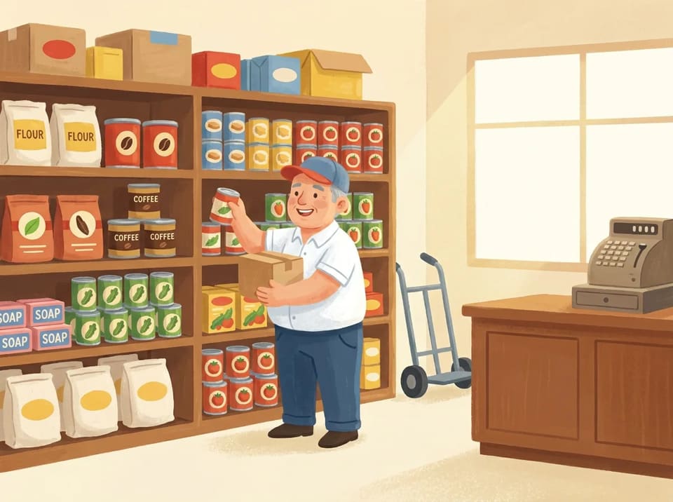 Sam Walton stacks boxes and straightens rows of goods on tall wooden shelves in his Newport store.