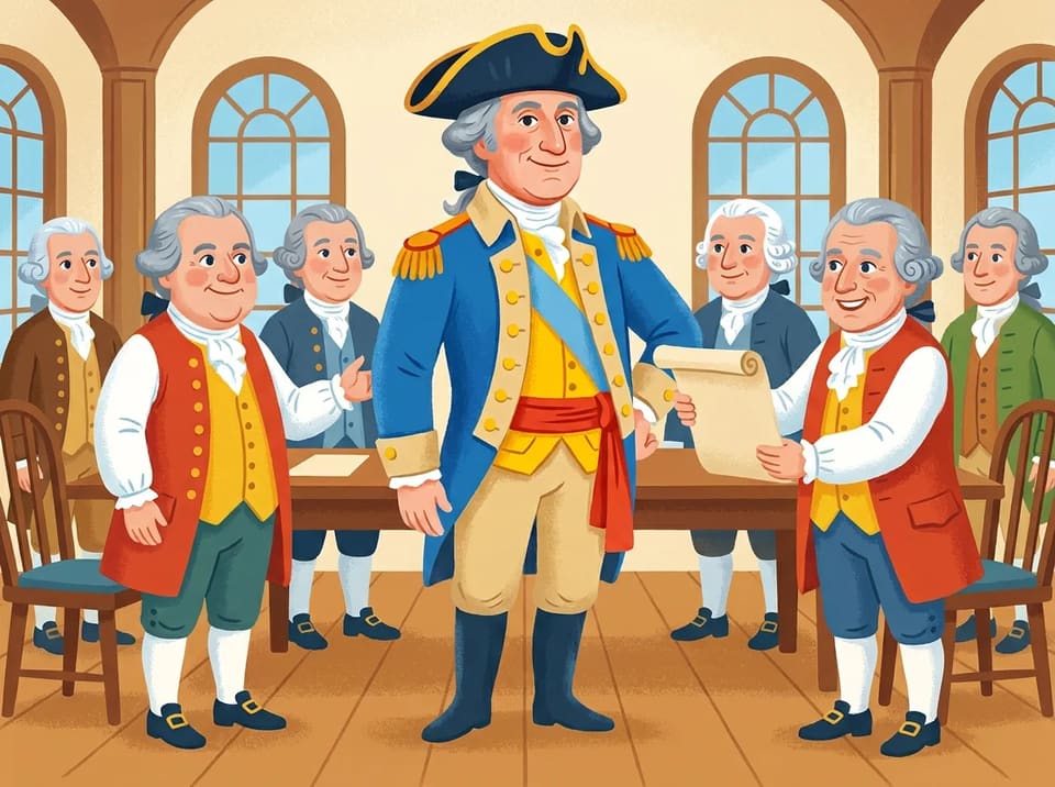 George Washington stands tall before a room of leaders as they hand him command of the army.