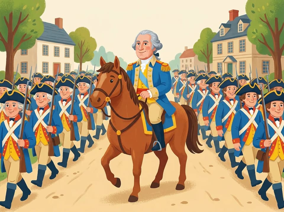 George Washington rides in front of long rows of marching soldiers.