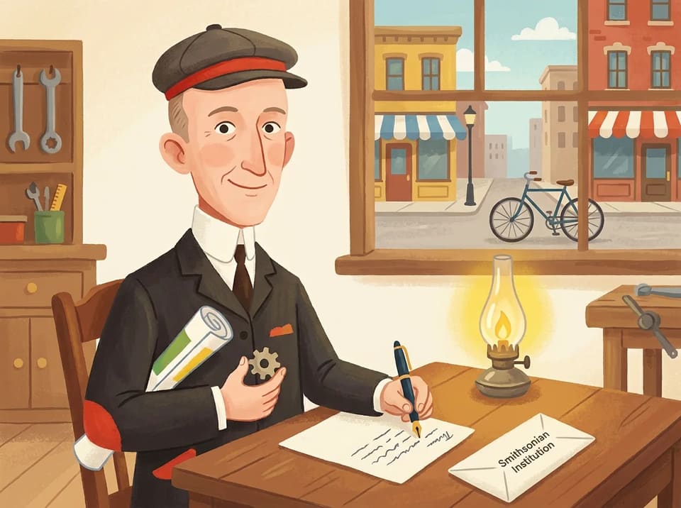 Wilbur sits at a desk writing a letter by lamplight, an envelope addressed to the Smithsonian Institution beside him.