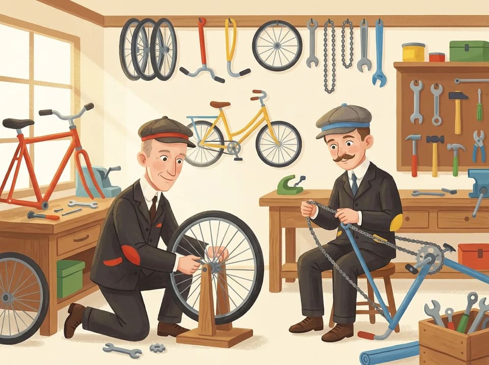 Wilbur and Orville Wright work side by side in their bicycle shop, one tightening a wheel and the other fitting a chain, with tools and bike frames all around…