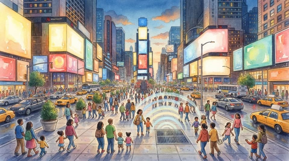 Watercolor illustration for The Secret Hum Under Times Square, near New York City