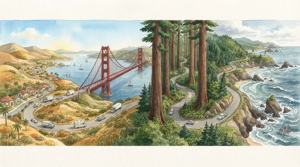 Watercolor illustration for One Road, Three Whole States