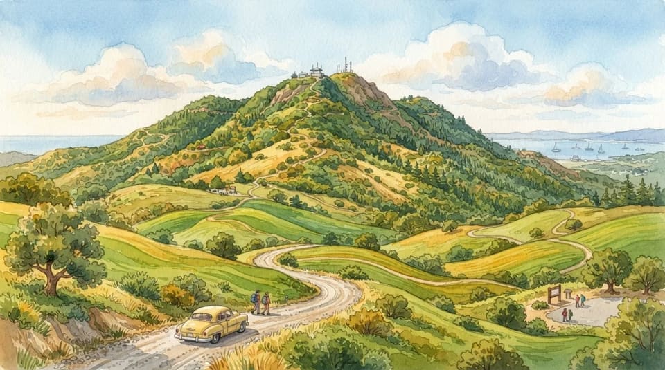 Watercolor illustration for The Mountain Named West Hill, near Mill Valley