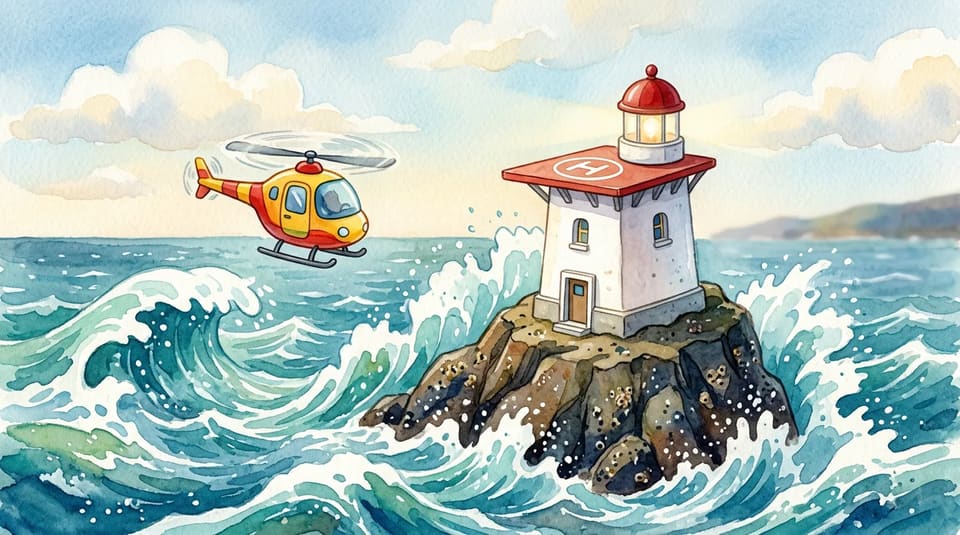 Watercolor illustration for The Lighthouse With a Helicopter Hat