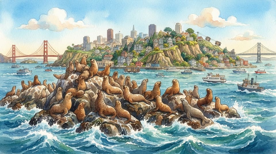 Watercolor illustration for The Rock Full of Sea Lions, near San Francisco