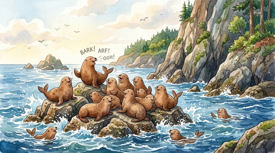 Watercolor illustration for The Rock Full of Sea Lions
