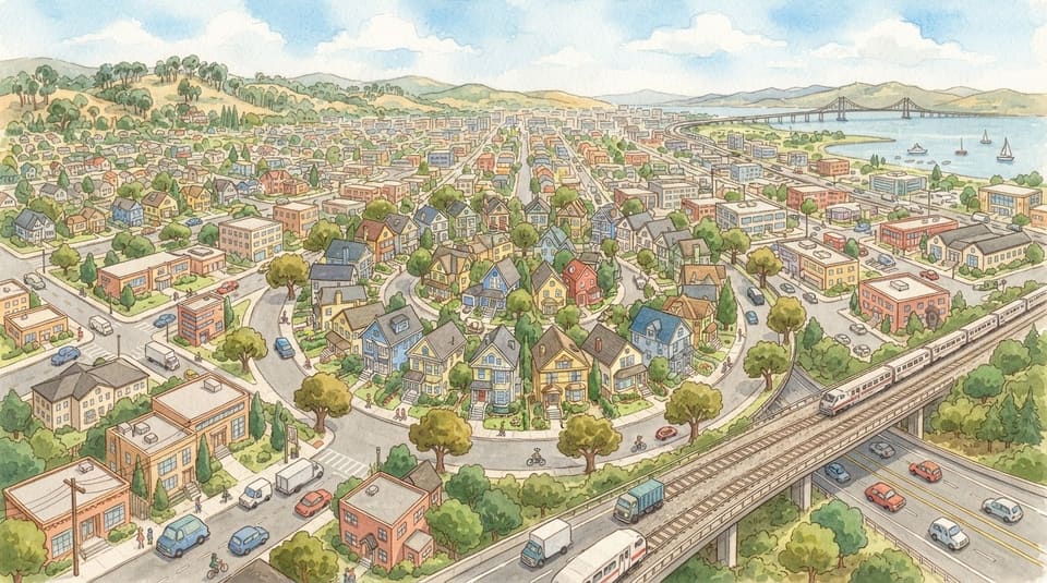 Watercolor illustration for The Town Inside a Town, near Daly City
