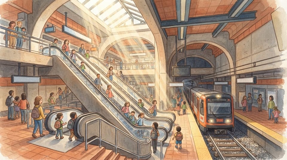 Watercolor illustration for The Train Station Under the Ground, near San Francisco