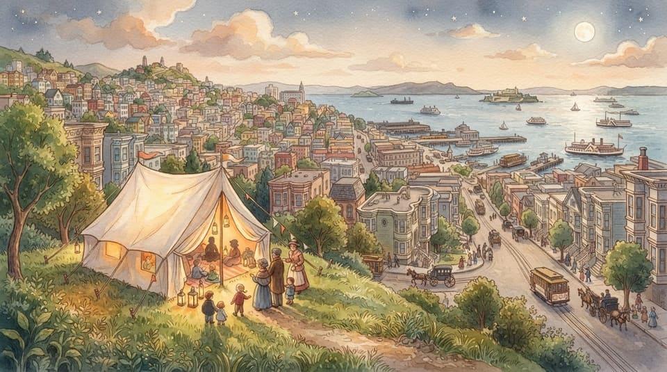 Watercolor illustration for The Synagogue in a Tent, near San Francisco