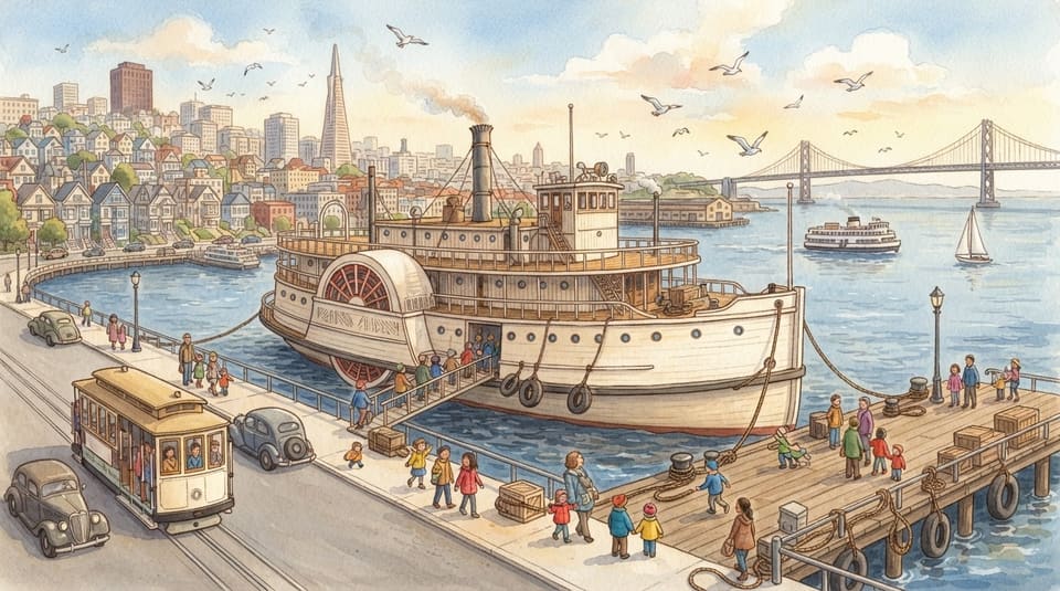 Watercolor illustration for The Biggest Wooden Ship, near San Francisco