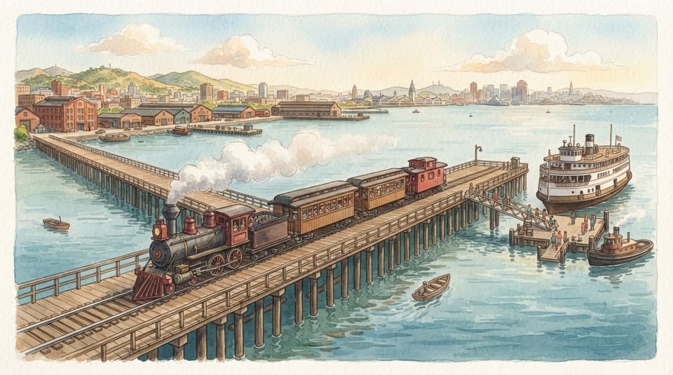 Watercolor illustration for The Super Long Train Pier, near Oakland