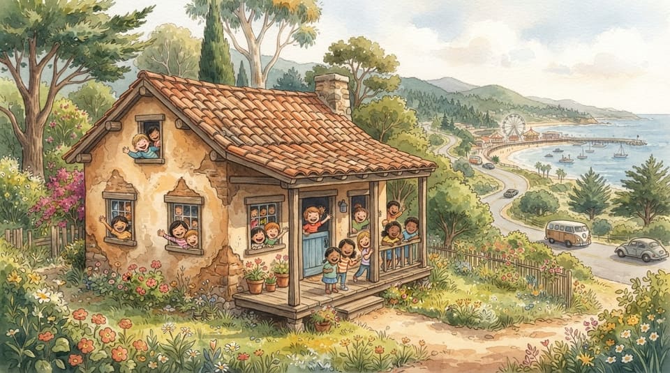Watercolor illustration for The House With 21 Kids, near Santa Cruz