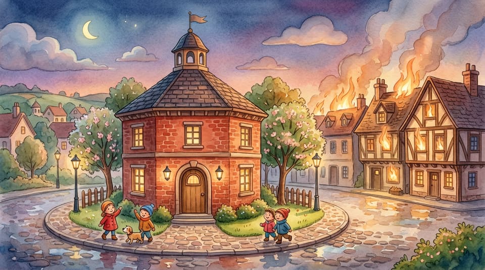 Watercolor illustration for The Octagon That Would Not Burn