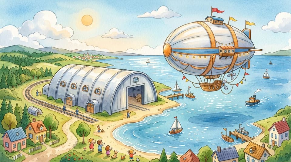 Watercolor illustration for The Giant Airship Garage