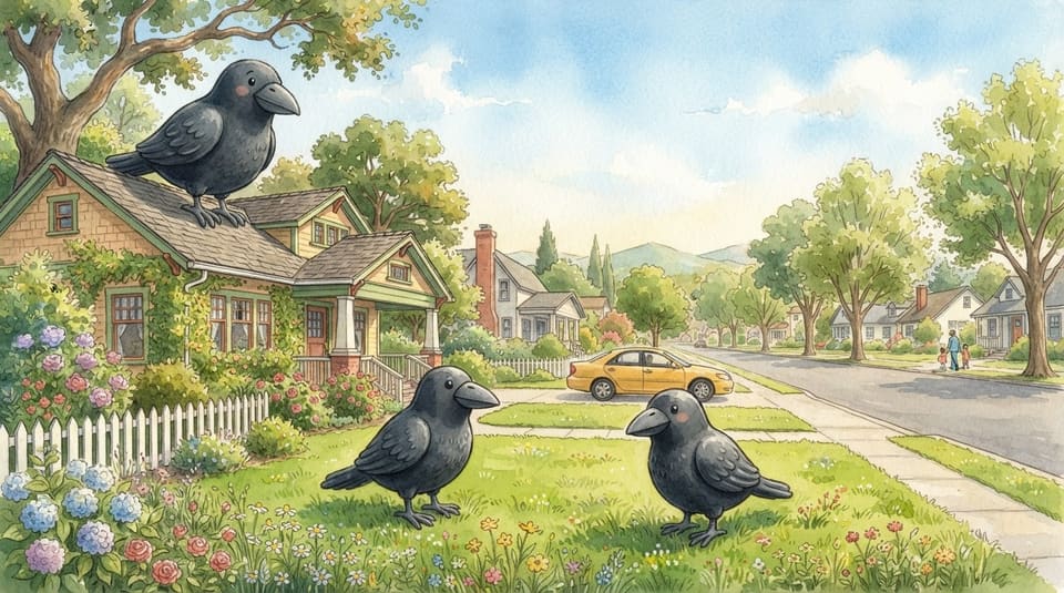 Watercolor illustration for Giant Crows on the Lawn, near Palo Alto