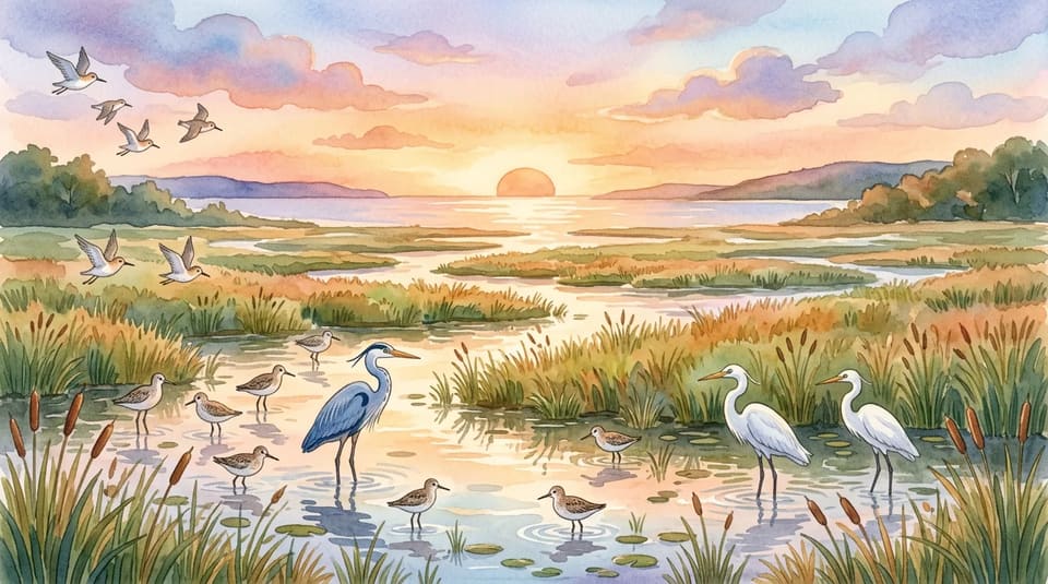 Watercolor illustration for The Marsh Where Birds Rest
