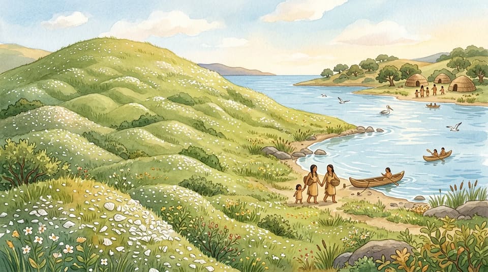 Watercolor illustration for The Giant Hill Made of Shells, near Oakland